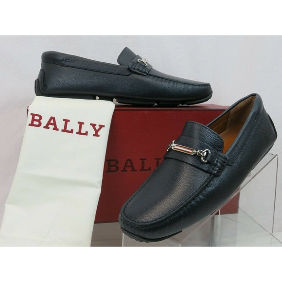 BALLY PITAVAL BLUE GRAINED LEATHER WEB PLATE LOGO DRIVER LOAFERS 10 D US 43